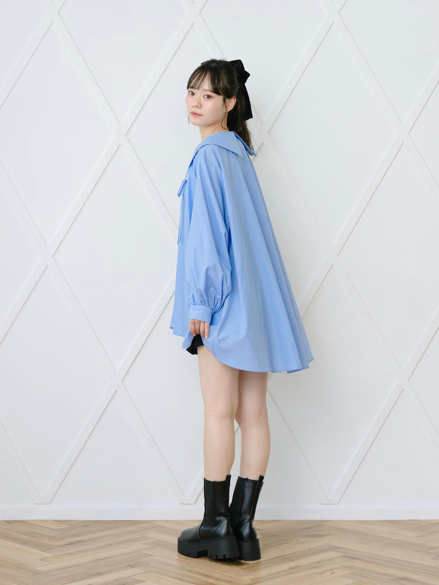 リボンカラーフレアシャツ