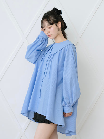 リボンカラーフレアシャツ