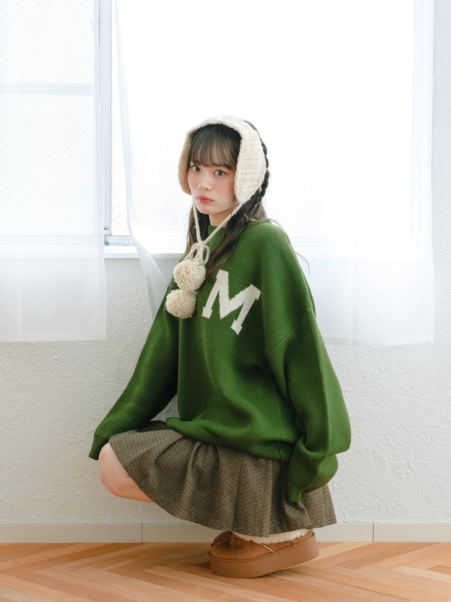 ハンドメイド ロピーセーター 緑系 やや大きめMサイズ RODEO CROWNS WIDE BOWL | 配色ステッチカレッジニットトップス