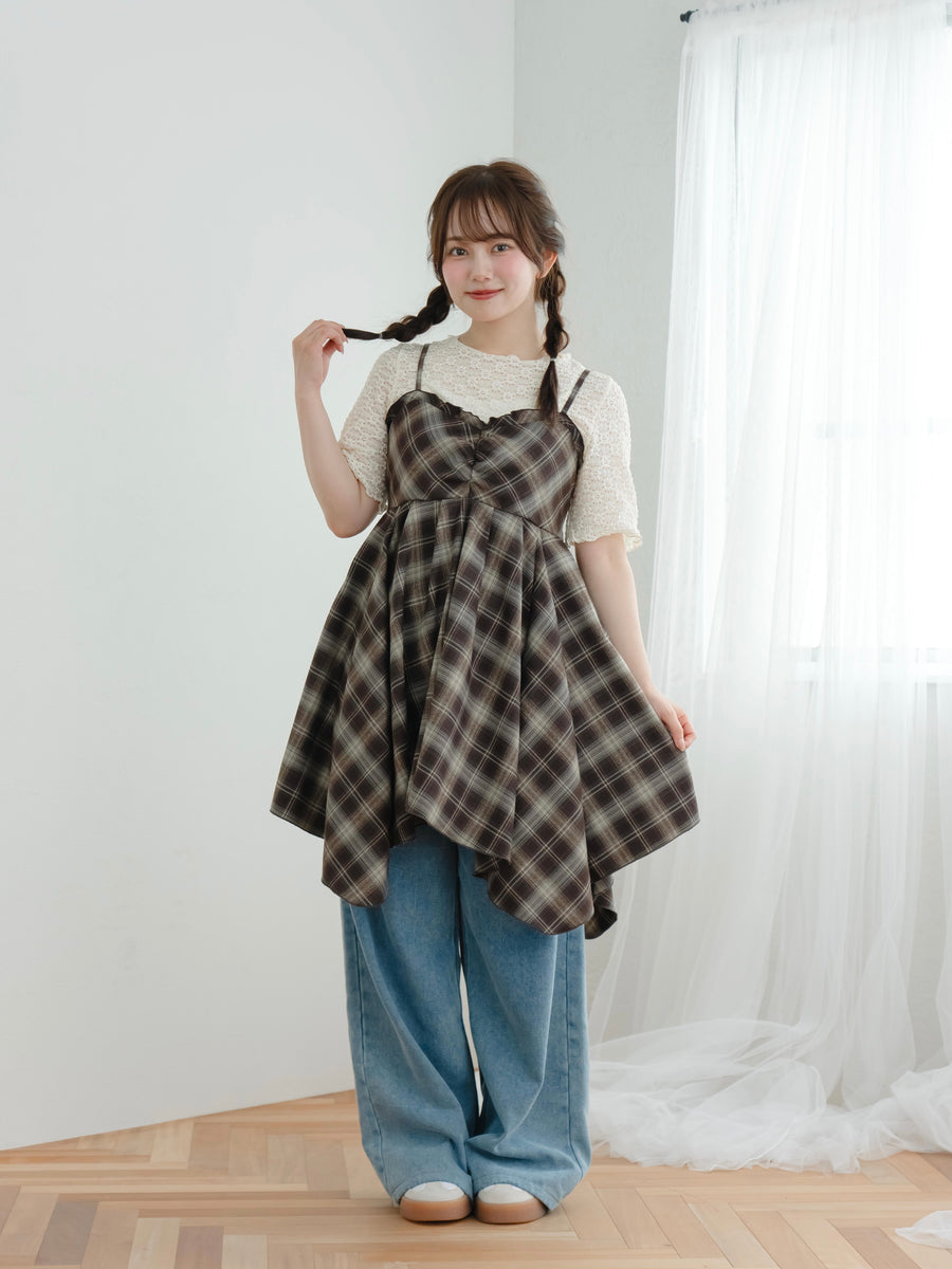 チェックイレヘムキャミワンピース