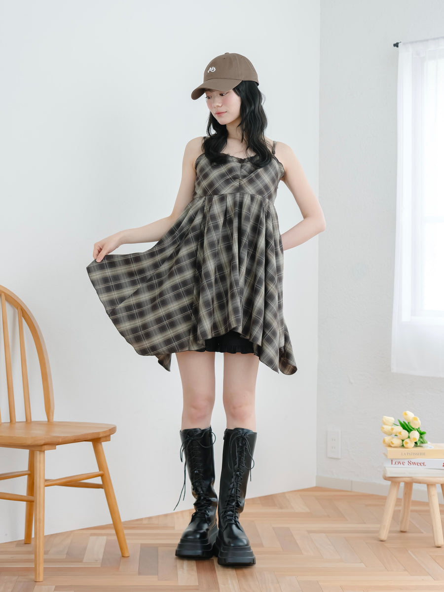 チェックイレヘムキャミワンピース