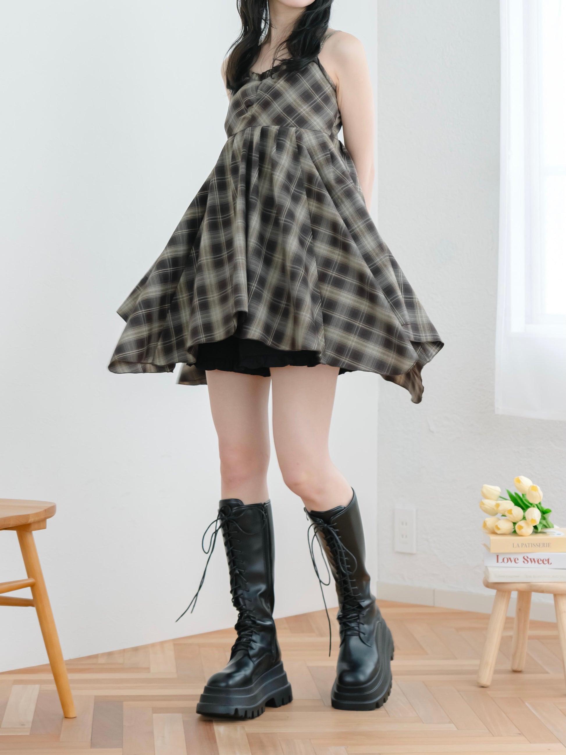 チェックイレヘムキャミワンピース