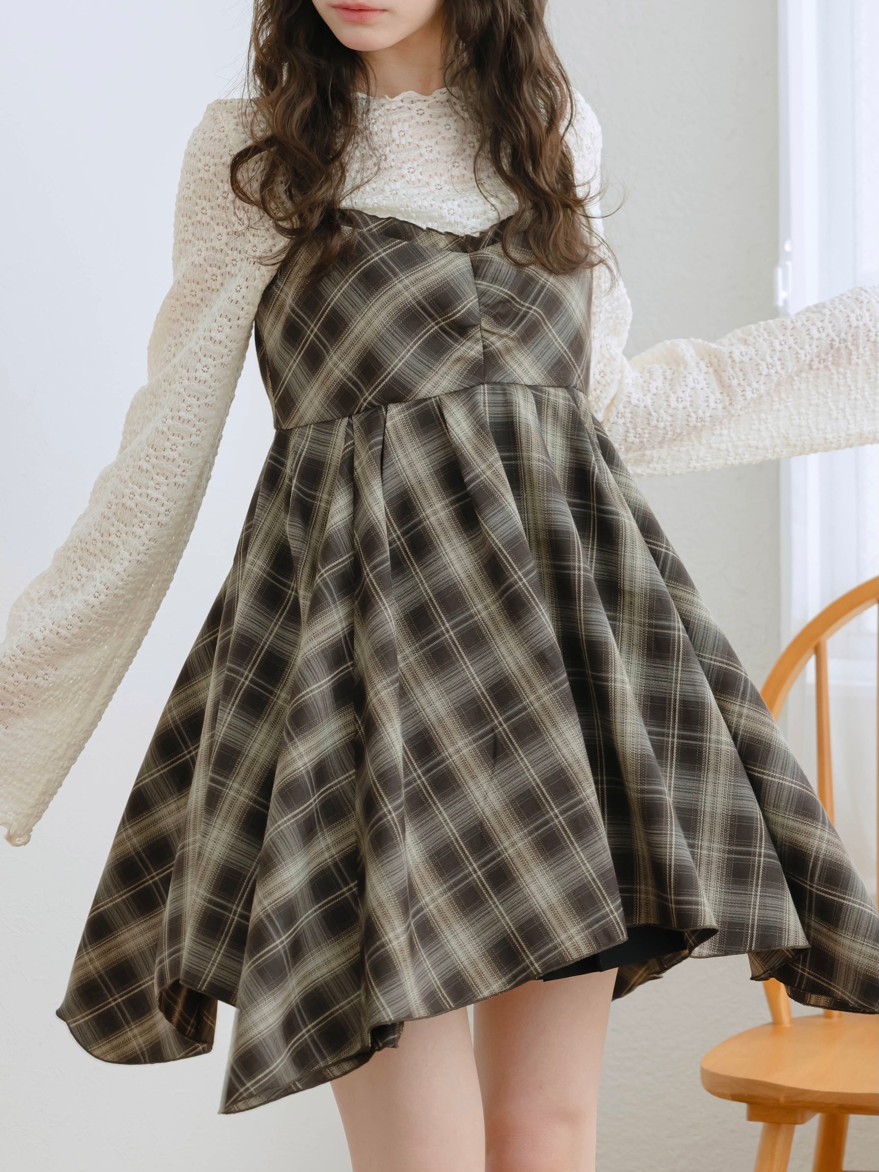 チェックイレヘムキャミワンピース